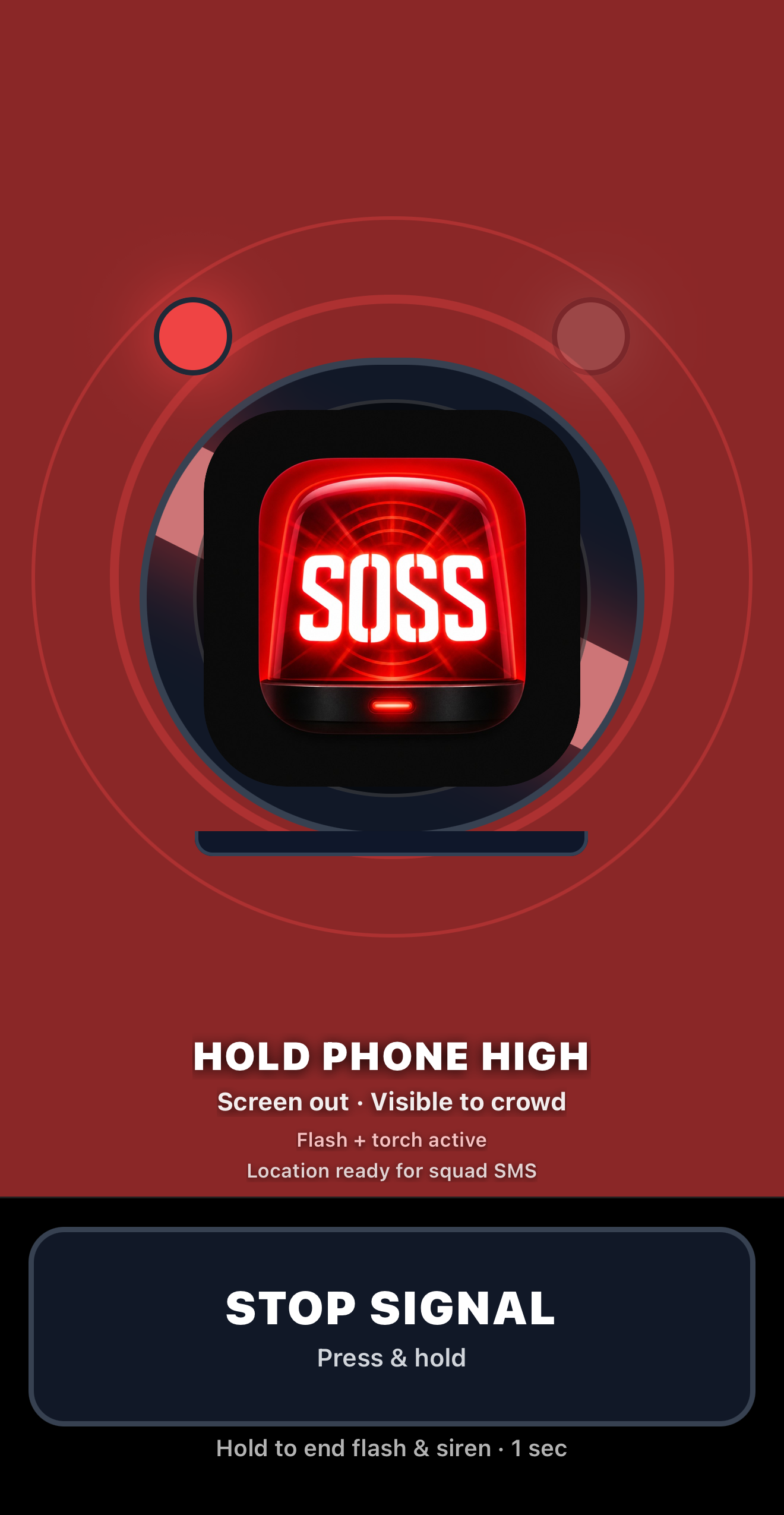 SOSS active signal screen showing red emergency flash
