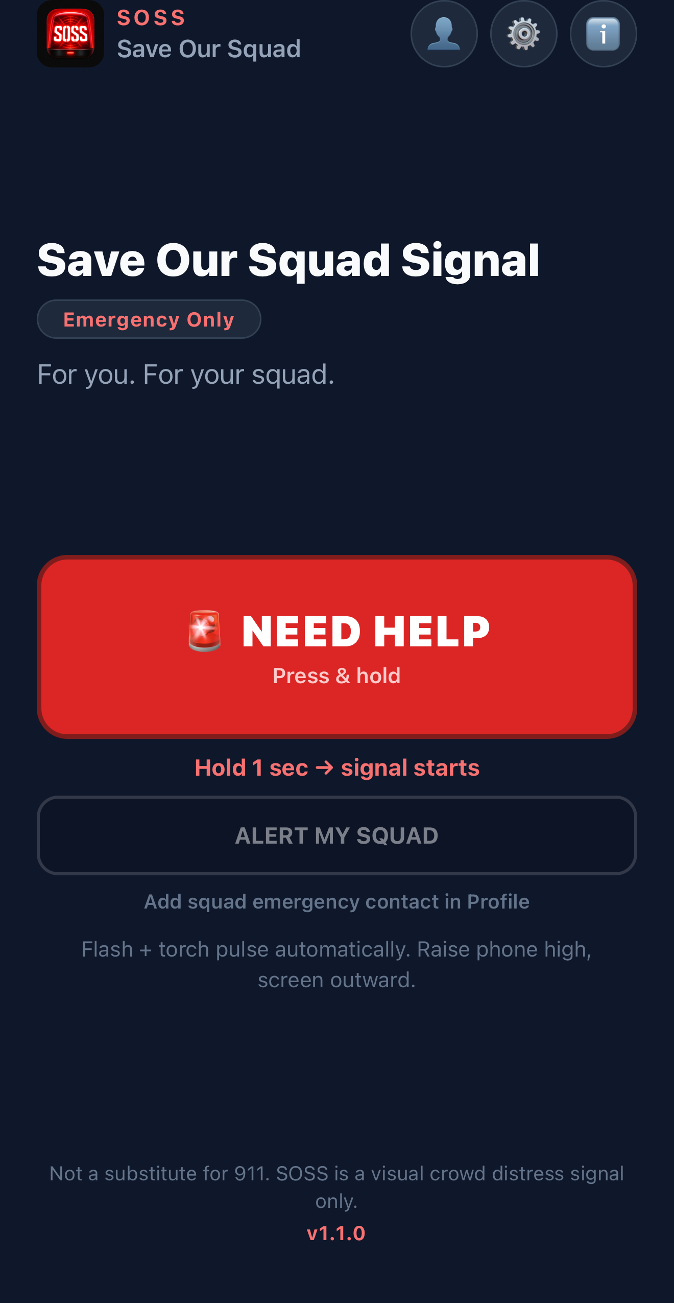 SOSS home screen with NEED HELP and Alert my squad buttons