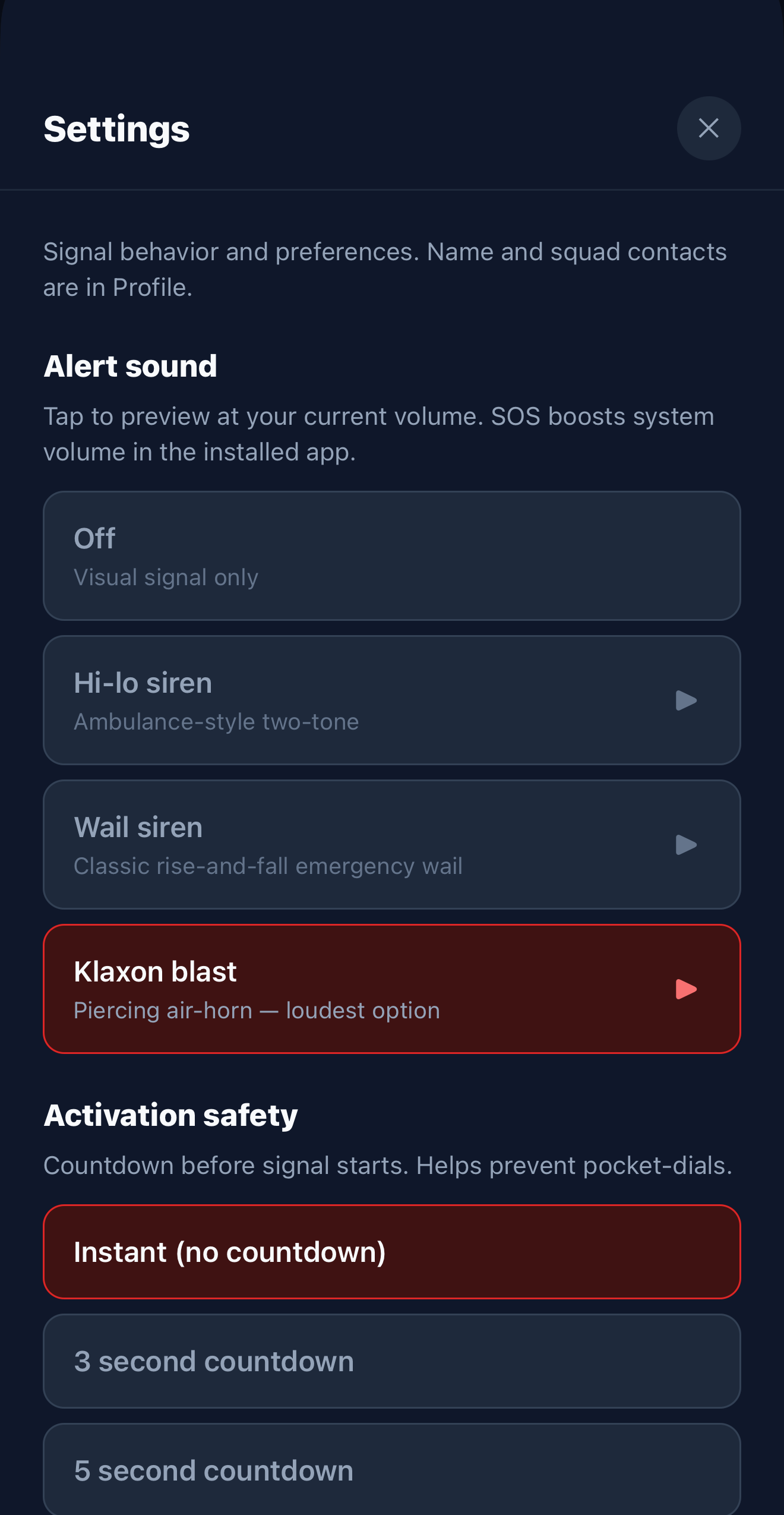 SOSS settings screen